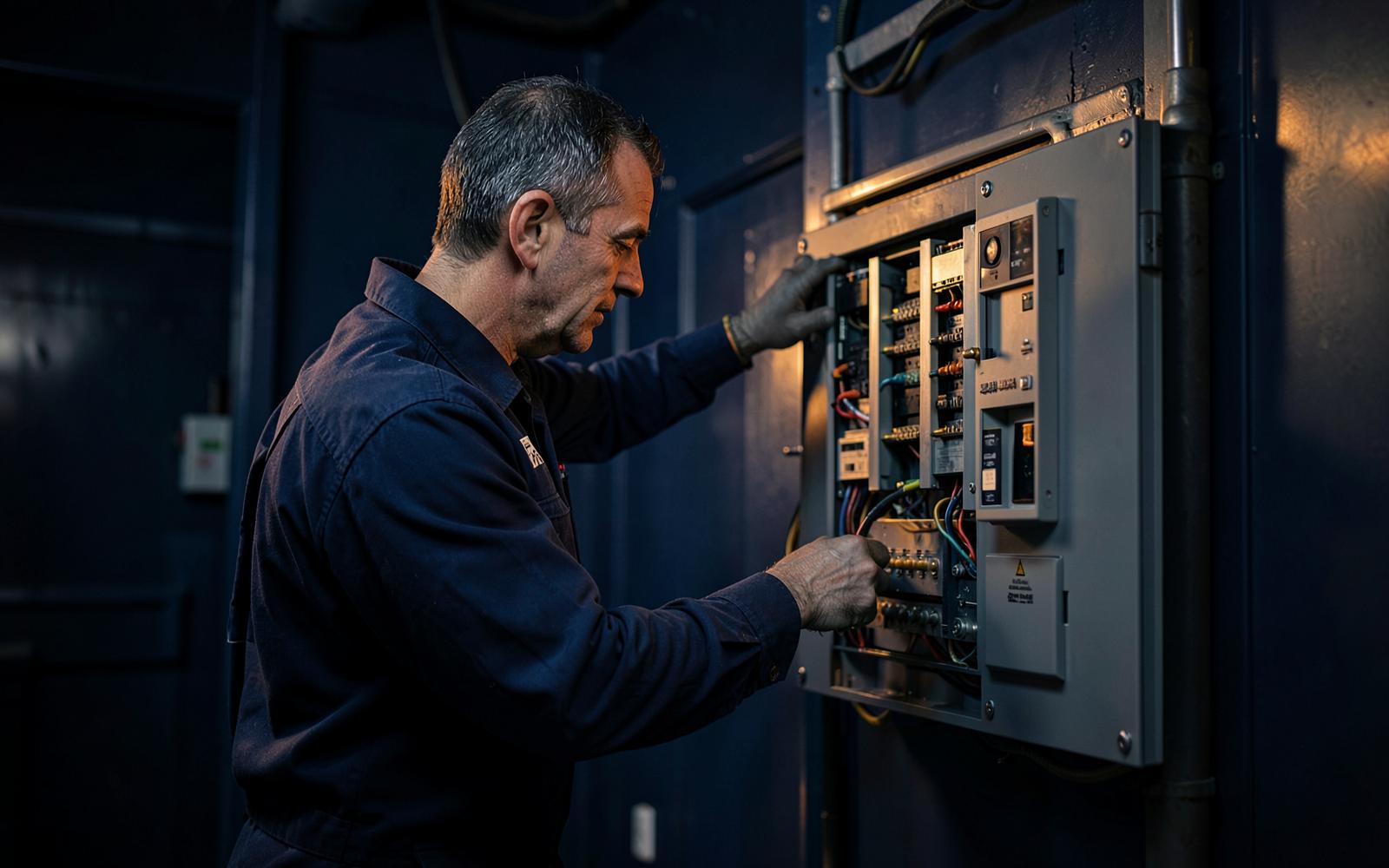 Elektryk PFK-Elektrotechnika podczas montażu rozdzielnicy elektrycznej